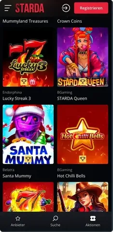 Top Slots in der Starda App – Lucky Streak, Starda Queen, Santa Mummy und Hot Chilli Bells