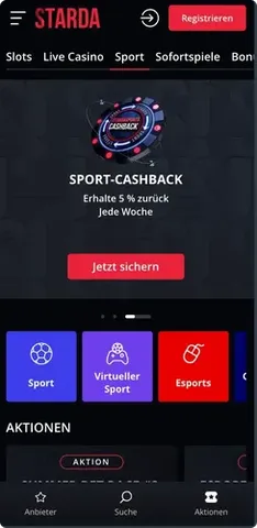 Sportwetten-Bereich der Starda App mit wöchentlichen Cashback-Angeboten und Esport-Optionen